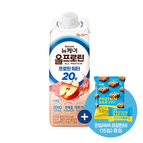 [단백질 세일대전] 뉴케어 올프로틴 프로틴 워터 20g 350ml 사과맛 (18팩) + 마이밀 한입쏙쏙 프로틴바 (15입) 증정